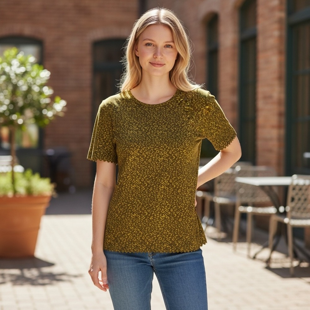 Allie & Rob Womens Large‎ Gold Metallic Leopard Print Scalloped Knit Top Olive L